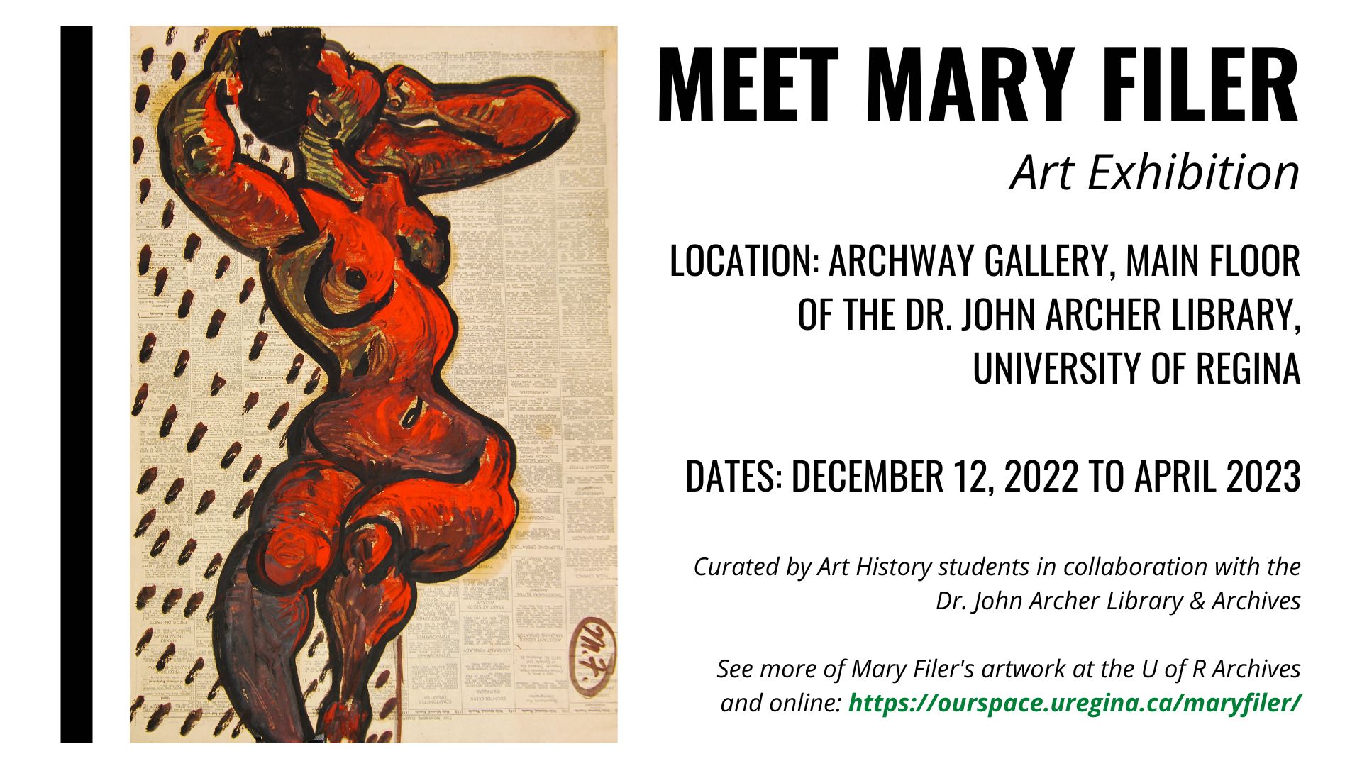 Poster for the Meet Mary Filer art exhibit held at Archer Library from December 2022 to April 2023.